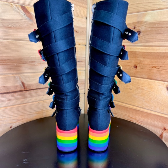 Women’s Dolls Kill Knee High Rainbow Pride Parade Platform Buckles Stompin Boots - Picture 10 of 11